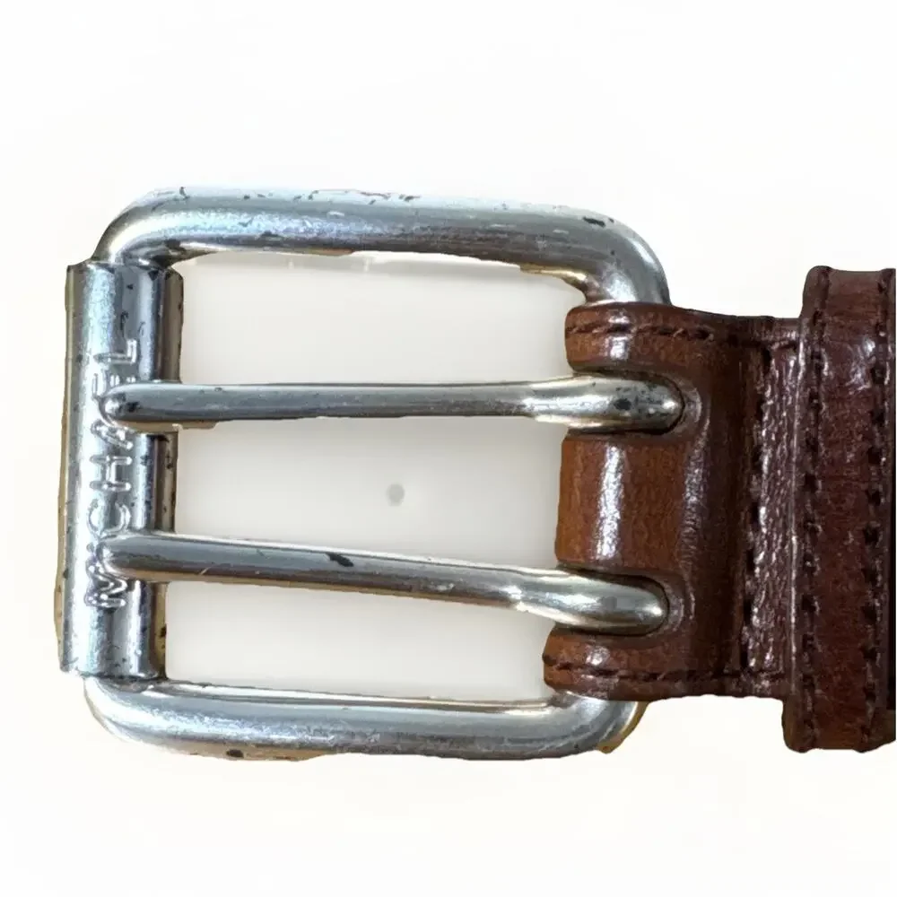 Michael Kors Womens Brown Leather Belt Size S 30-32 Double Prong Silver Buckle